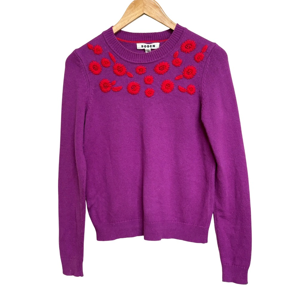 Boden Purple Floral Embroidered Crewneck Sweater Small Wool Cashmere Blend